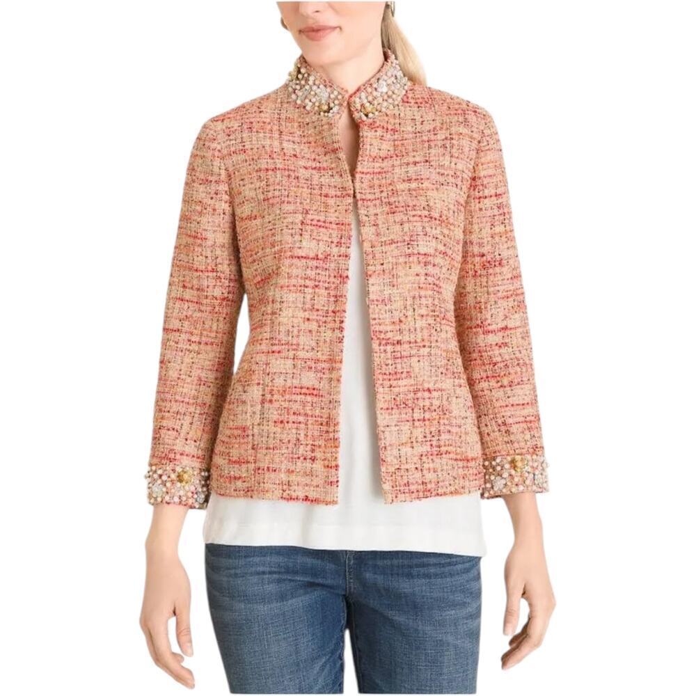 Chico’s Womens Orange Tweed Rhinestone Trim Sophisticated Blazer Jacket 2 | Med